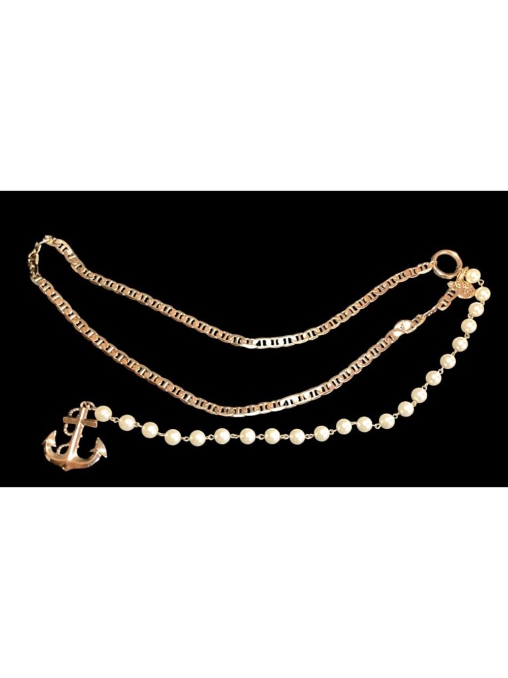 Gold Tone Betsey Johnson Mariner Chain Belt with Faux Pearls and Anchor Nautical - Picture 1 of 4